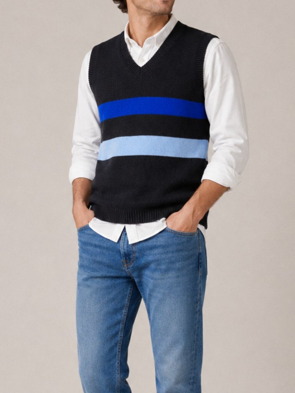 ASOS Black V-Neck Sweater Vest with Blue and Light Gray Stripes